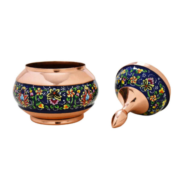 Handcrafted Persian Copper Sugar Bowl with Lid – Minakari Enameled Jahan - Image 2