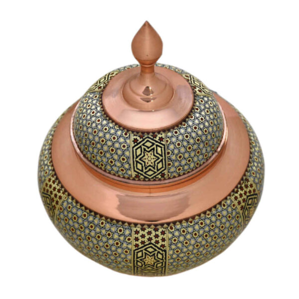 Handcrafted Persian Copper Sugar Bowl Decorated with Khatam Marquetry Art Farnam - Image 3