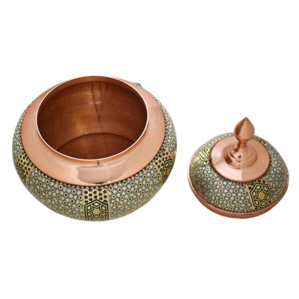 Handcrafted Persian Copper Sugar Bowl Decorated with Khatam Marquetry Art Farnam - Image 2