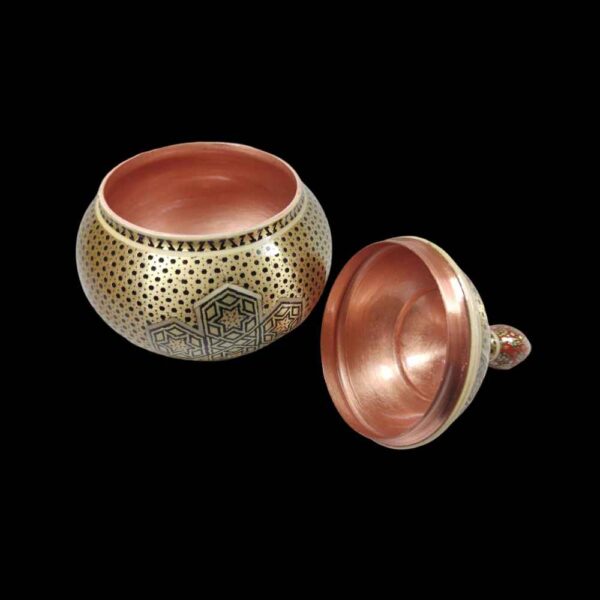 Handcrafted Persian Copper Sugar Bowl Decorated with Khatam Marquetry Art Ghandoon - Image 2