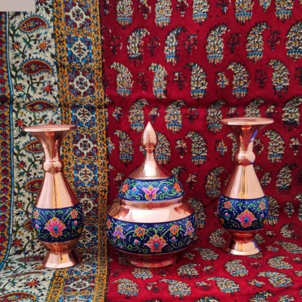 Handcrafted Persian Copper Sugar Bowl with Lid & Vases – Minakari Enameled - Image 2