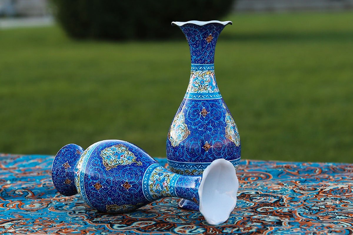 A Pair of Persian Enamel Table Vase – 16 cm – Islimi Pattern - Image 2