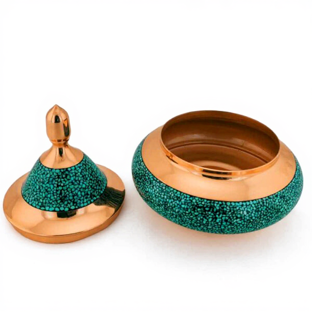 Handcrafted Persian Inlaid Turquoise Copper Sugar Bowl Aram - Image 2